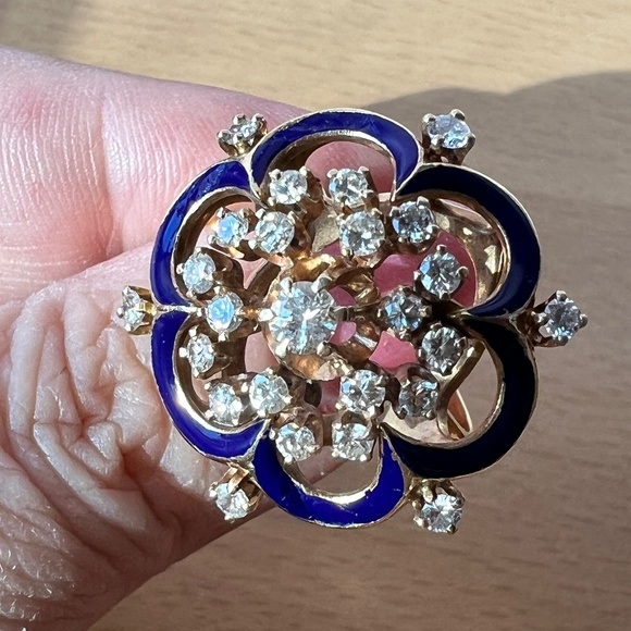 VINTAGE 14K YELLOW GOLD DIAMOND COBALT BLUE ENAMEL RING STATEMENT CUSTOM MADE - Picture 14 of 16